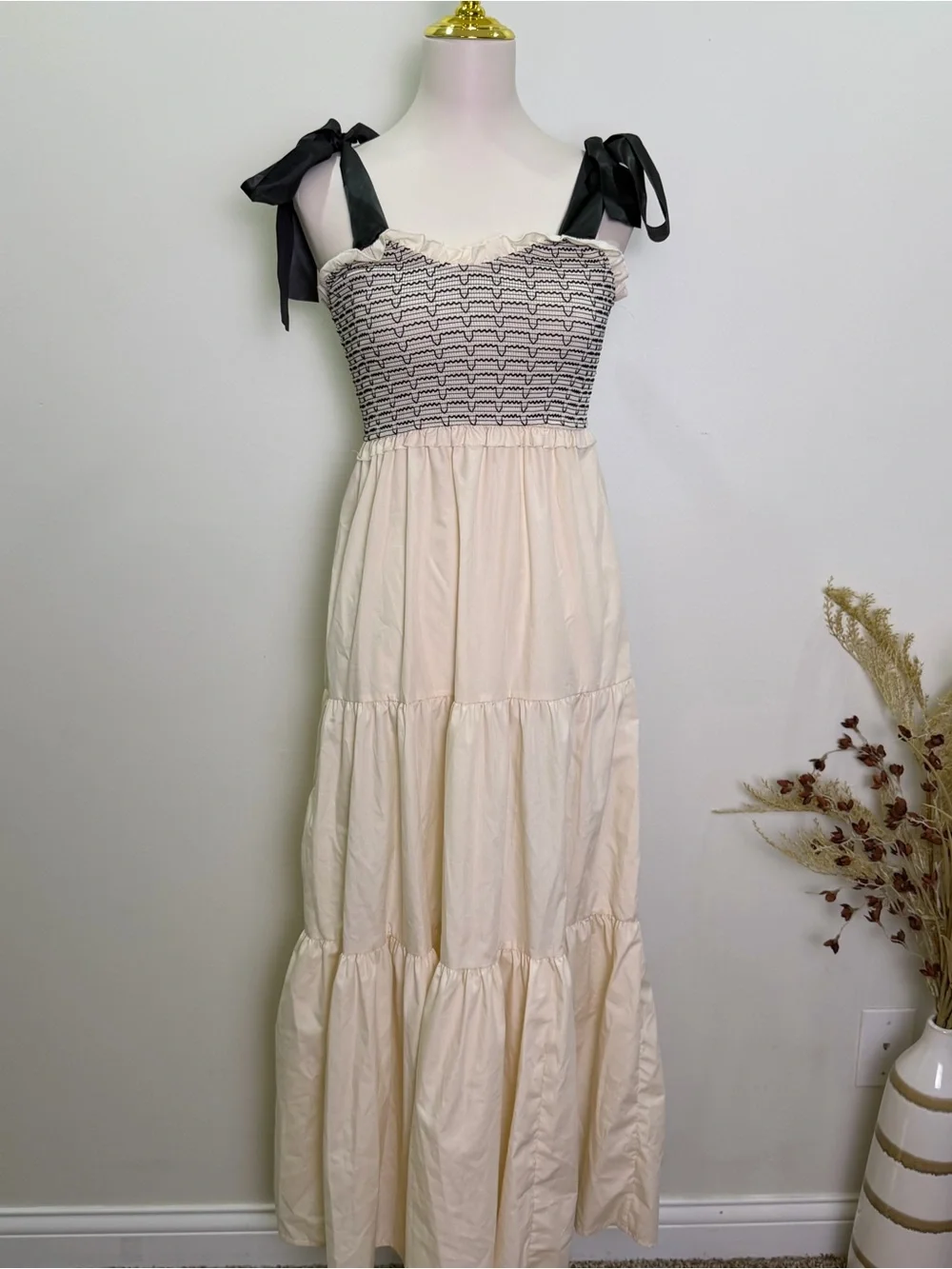 Smocked Bodice Tie-Shoulder Maxi Dress — Cream with Black Details Size Small - Picture 1 of 7